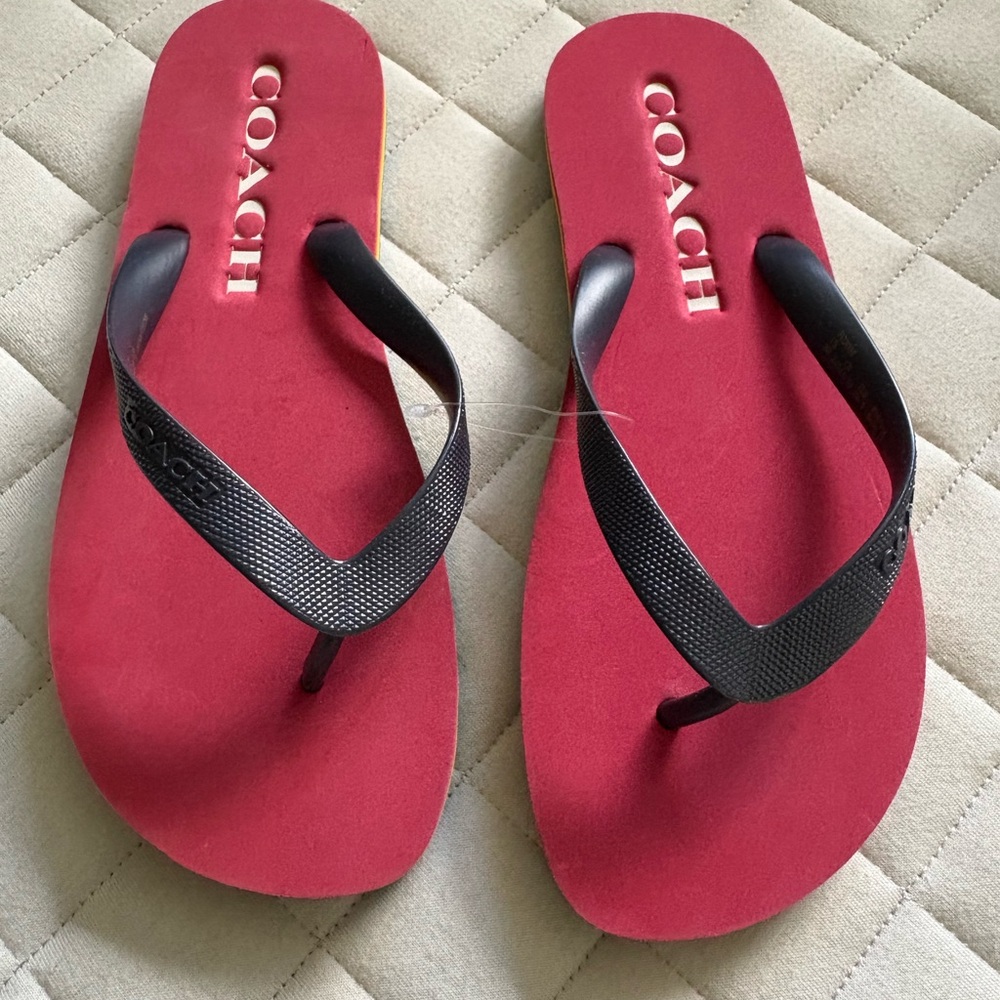 Coach Red/Rainbow Flip Flops with Black Straps